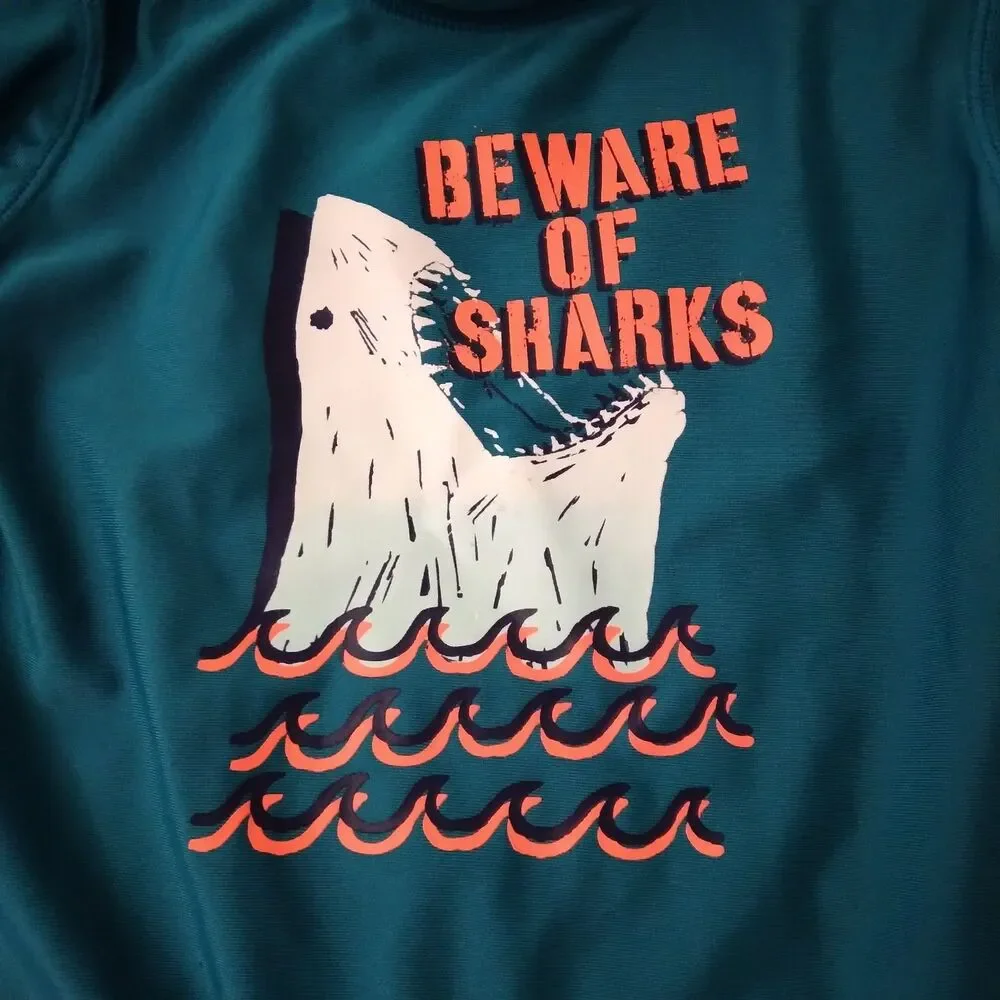 Oshkosh Bgosh Boys Swim Set Size 24m Rash Guard Top Trunks Shark Beach Ocean Hat